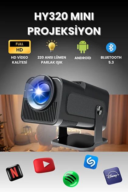 HY320 Mini Projeksiyon Cihazı Full HD 1080P Android Bluetooth 5.3 220 ANSI Taşınabilir Akıllı Projeksiyon +
