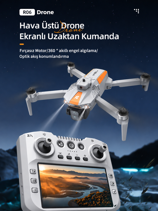 R06 HD Drone Çift Kameralı Drone – Ekranlı Kumanda – 2 Batarya – Optik Akış – Fırçasız Motor