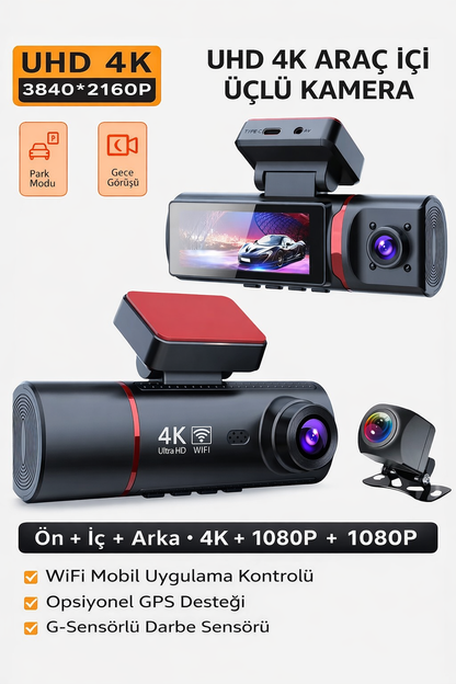 360 Derece Tam Kapsamlı Araç İçi Kamera 4K, Ön Arka Yan Kameralı GPS'li ve G-Sensörlü Akıllı Güvenlik Sürüş Kayıt Cihazı