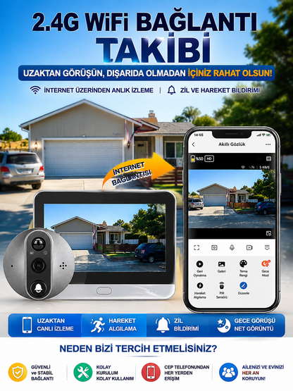 Kablosuz Akıllı Görüntülü Kapı Zili 2.4G WiFi – Çift Yönlü Ses, Hareket Algılama, Gece Görüşü ve Uzaktan Telefon Takibi