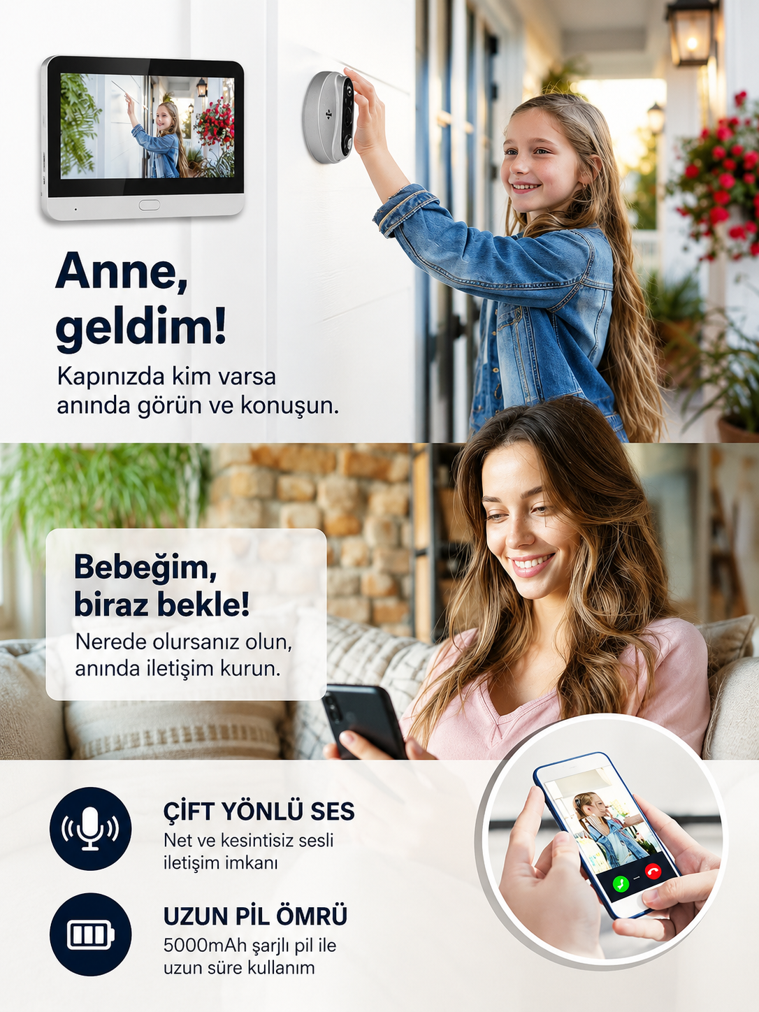 Kablosuz Akıllı Görüntülü Kapı Zili 2.4G WiFi – Çift Yönlü Ses, Hareket Algılama, Gece Görüşü ve Uzaktan Telefon Takibi