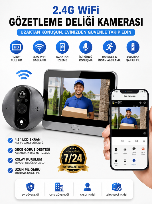 Kablosuz Akıllı Görüntülü Kapı Zili 2.4G WiFi – Çift Yönlü Ses, Hareket Algılama, Gece Görüşü ve Uzaktan Telefon Takibi