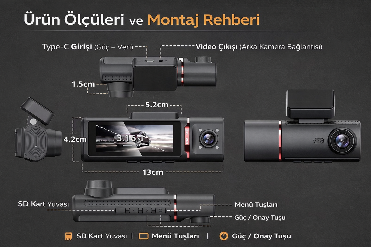 360 Derece Tam Kapsamlı Araç İçi Kamera 4K, Ön Arka Yan Kameralı GPS'li ve G-Sensörlü Akıllı Güvenlik Sürüş Kayıt Cihazı