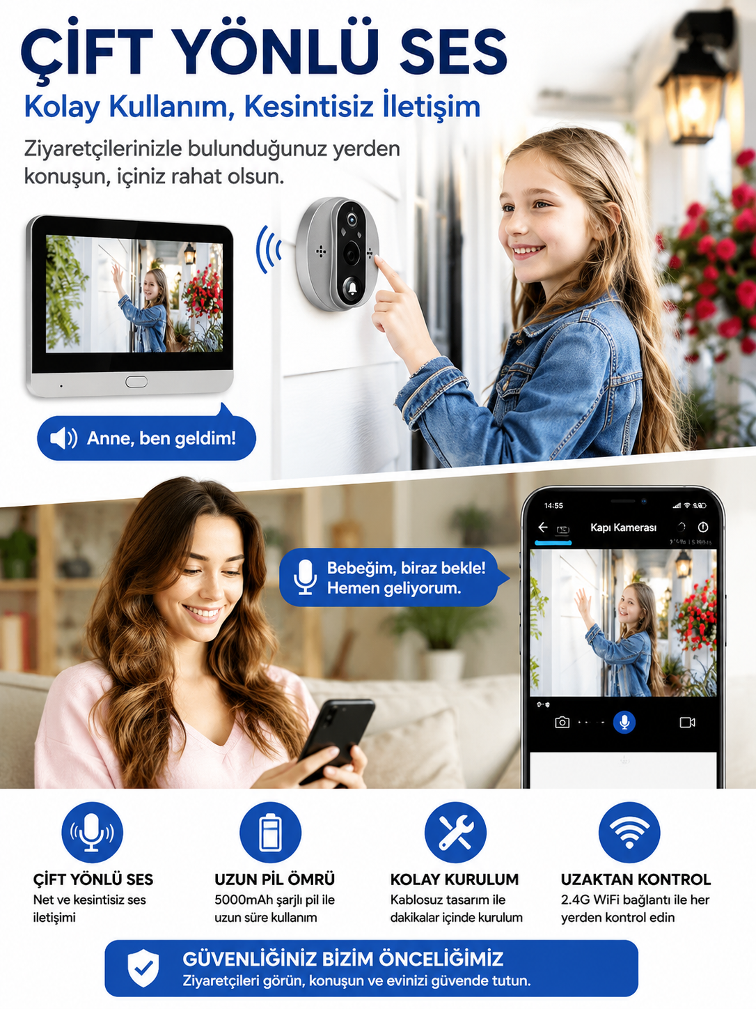 Kablosuz Akıllı Görüntülü Kapı Zili 2.4G WiFi – Çift Yönlü Ses, Hareket Algılama, Gece Görüşü ve Uzaktan Telefon Takibi
