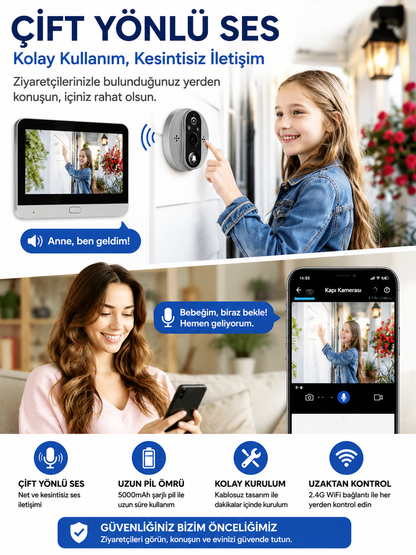 Kablosuz Akıllı Görüntülü Kapı Zili 2.4G WiFi – Çift Yönlü Ses, Hareket Algılama, Gece Görüşü ve Uzaktan Telefon Takibi