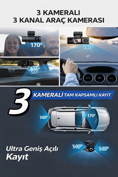 360 Derece Tam Kapsamlı Araç İçi Kamera 4K, Ön Arka Yan Kameralı GPS'li ve G-Sensörlü Akıllı Güvenlik Sürüş Kayıt Cihazı