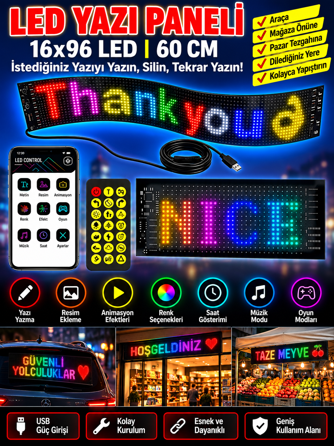 LED Yazı Paneli 16x96 – 60 CM Programlanabilir Renkli LED Tabela