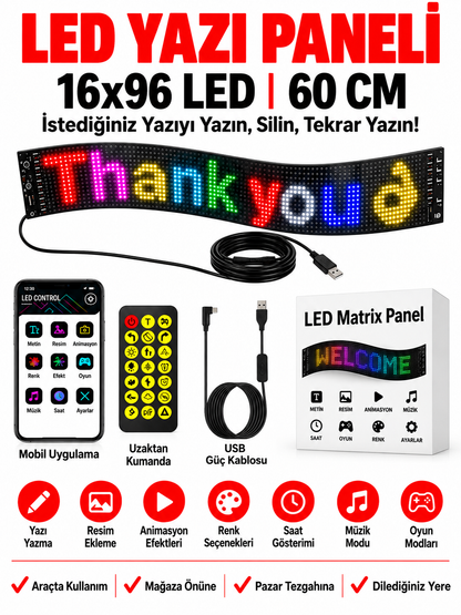 LED Yazı Paneli 16x96 – 60 CM Programlanabilir Renkli LED Tabela