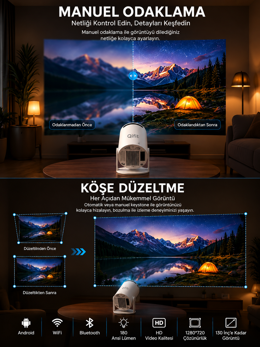HY300 Pro Upgrade Projeksiyon Cihazı Taşınabilir Android Sistemli Wifi HDMI USB Destekli Projektör