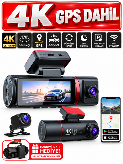 360 Derece Tam Kapsamlı Araç İçi Kamera 4K, Ön Arka Yan Kameralı GPS'li ve G-Sensörlü Akıllı Güvenlik Sürüş Kayıt Cihazı