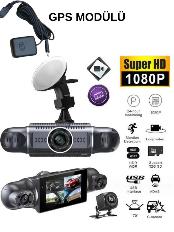 4 Kanal Araç Kamerası – GPS Takip, Wi-Fi, G-Sensor, 1080P Kayıt 32 GB Dahili Hafıza