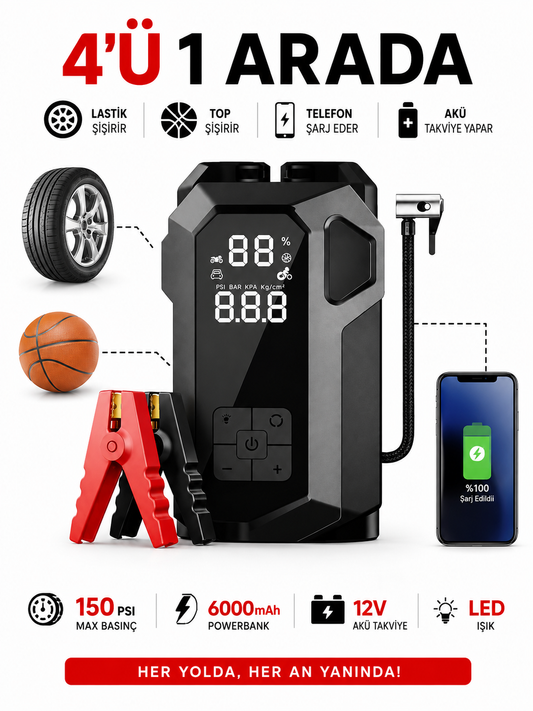 Akıllı Oto Akü Takviye Cihazı, 16000mAh, 12V Dizel/Benzinli Araçlar için, Hava Kompresörü, Powerbank