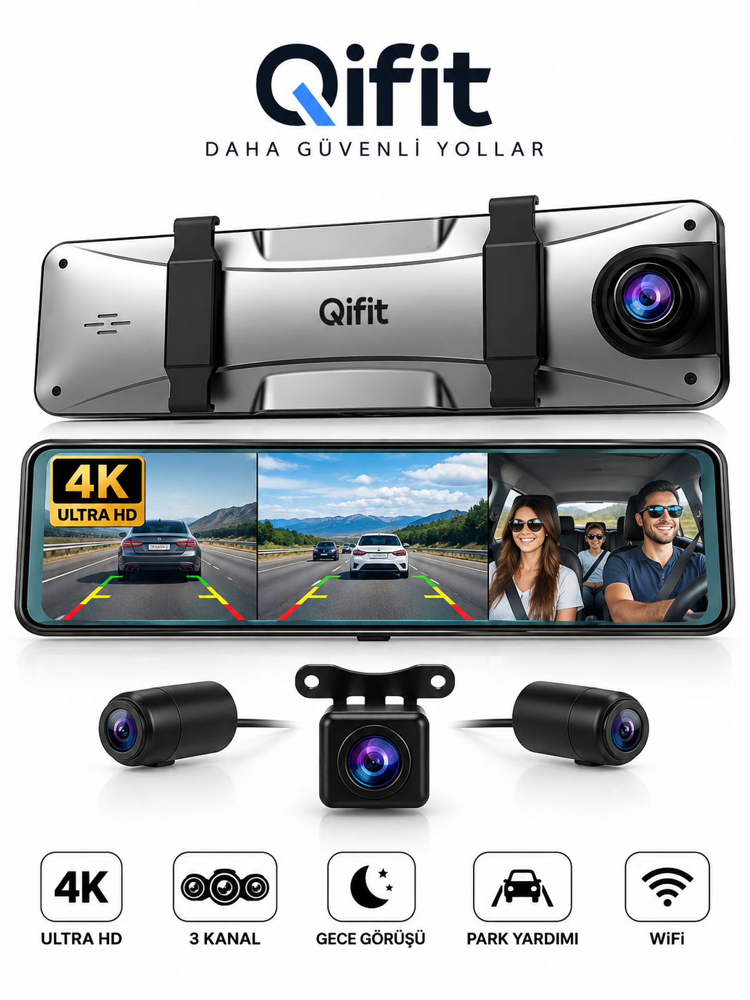 4K AI Voice Dash Cam – Çift Kamera, 12″ LCD, Arka Görüş + Wi-Fi –AI Sesli Kontrol