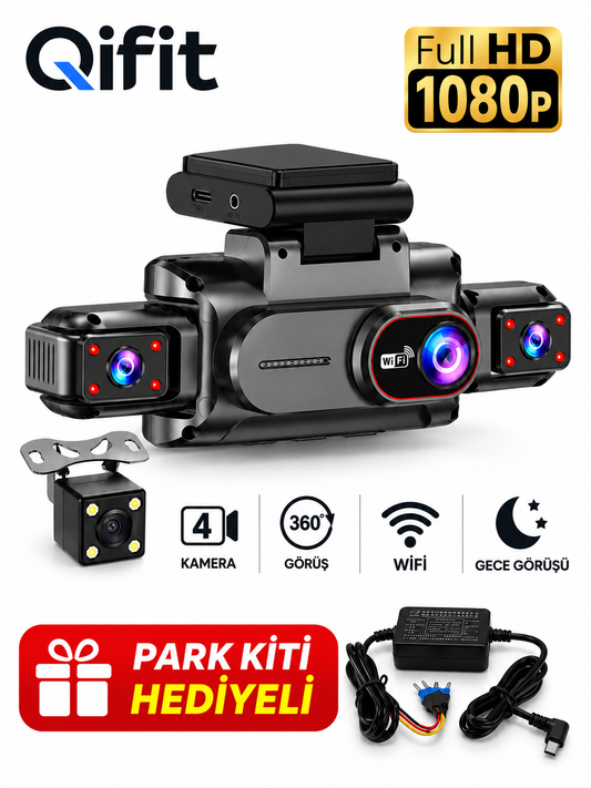 Qifit 4 Kameralı Araç İçi Kamera – 1080P Full HD, WiFi, 360° Görüş, Gece Görüşü