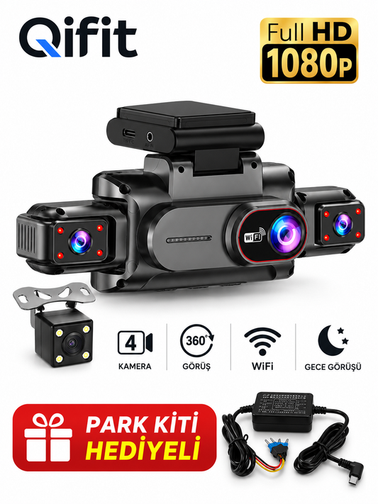 Qifit 4 Kameralı Araç İçi Kamera – 1080P Full HD, WiFi, 360° Görüş, Gece Görüşü